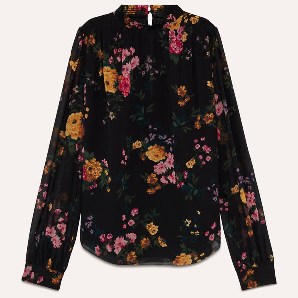 Aritzia Wilfred Paula Blouse- Black Floral Long Sleeve High Neck Chiffon Top